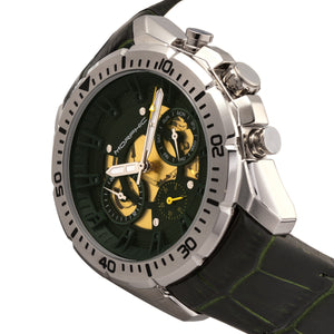 Morphic M66 Series Skeleton Dial Leather-Band Watch w/ Day/Date - Silver/Forest Green - MPH6602