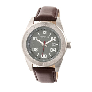 Morphic M63 Series Leather-Band Watch w/Date - Grey/Brown - MPH6305